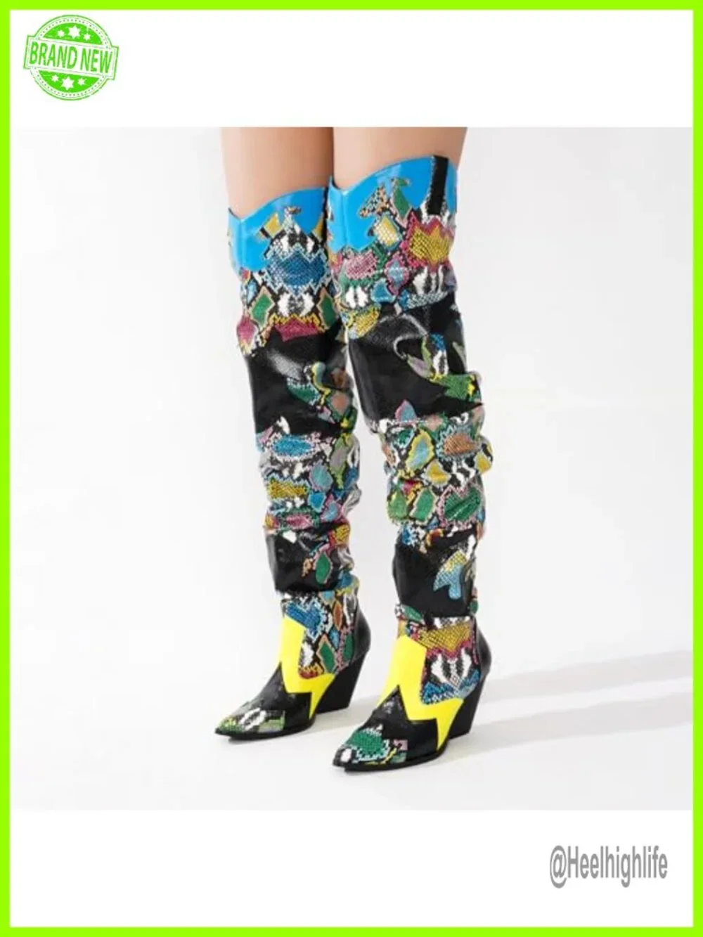 Thigh High Cowboy Boots Chunky Heel Faux Snakeskin Western Booties Slip